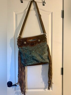 Myra Bag Teal Floral Tooled Leather Fringe Shoulder Bag